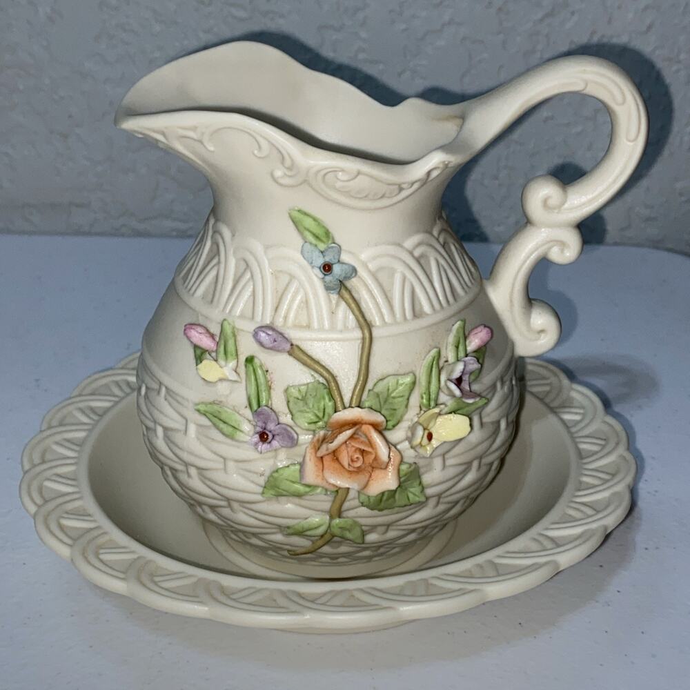 Vintage‎ Lefton Antique Ivory Hand Painted Floral Porcelain Pitcher and Bowl Set